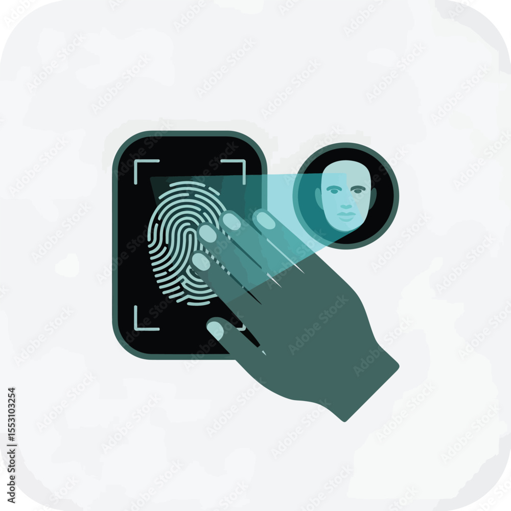 Poster teal hand scanning fingerprint on black device with face recognition icon light blue scan overlay wh