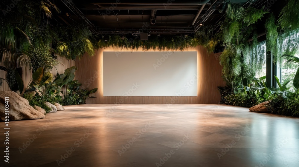 Poster a serene and elegantly minimal event space showcasing lush greenery, natural light, and a blank canv