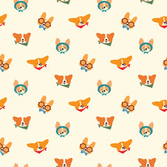 Fototapeta premium Seamless Pattern of Cute Cartoon Corgi Dog Face Design on Light Yellow Background. Hand Drawn Vector Illustration.