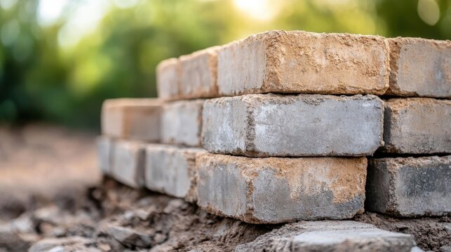 A close-up view of stacked building bricks showcases their texture and color, representing construction, durability, and the foundational elements of human creation.