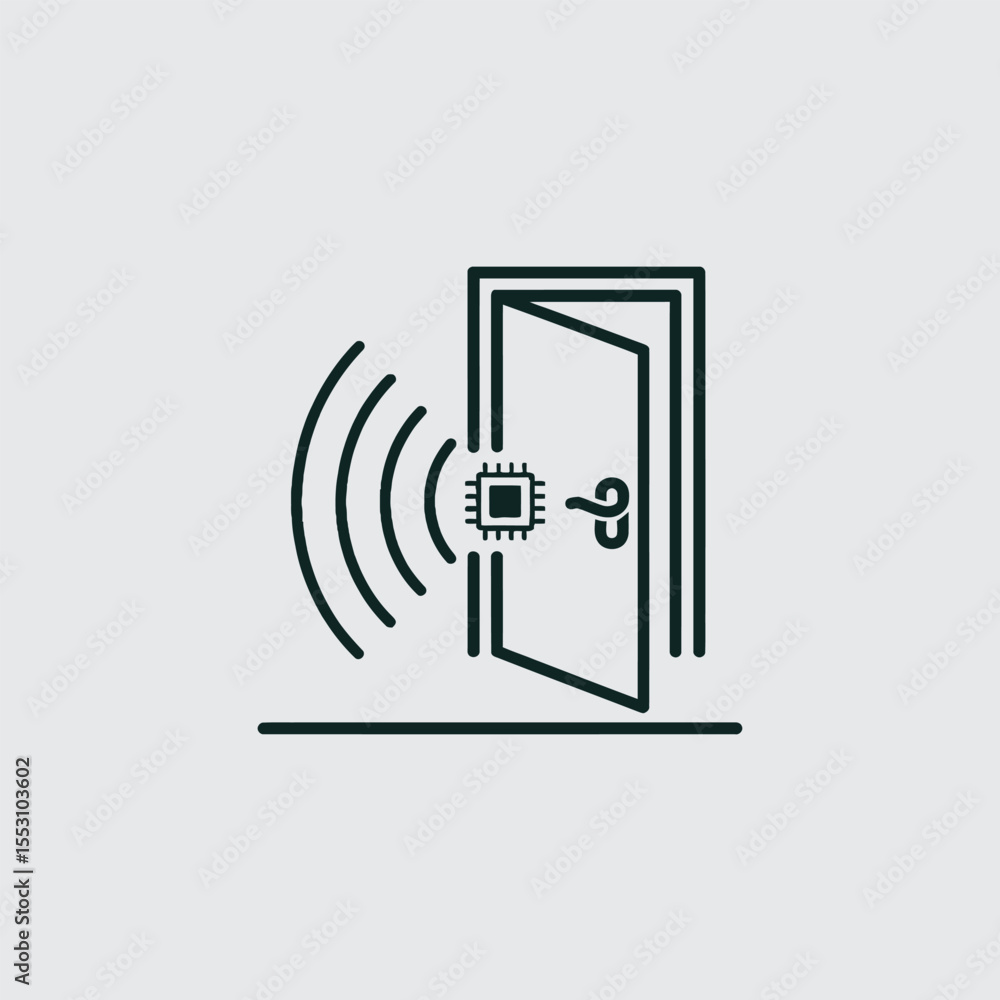 Poster teal microchip sensor wireless signal open door black outline illustration smart home technology acc