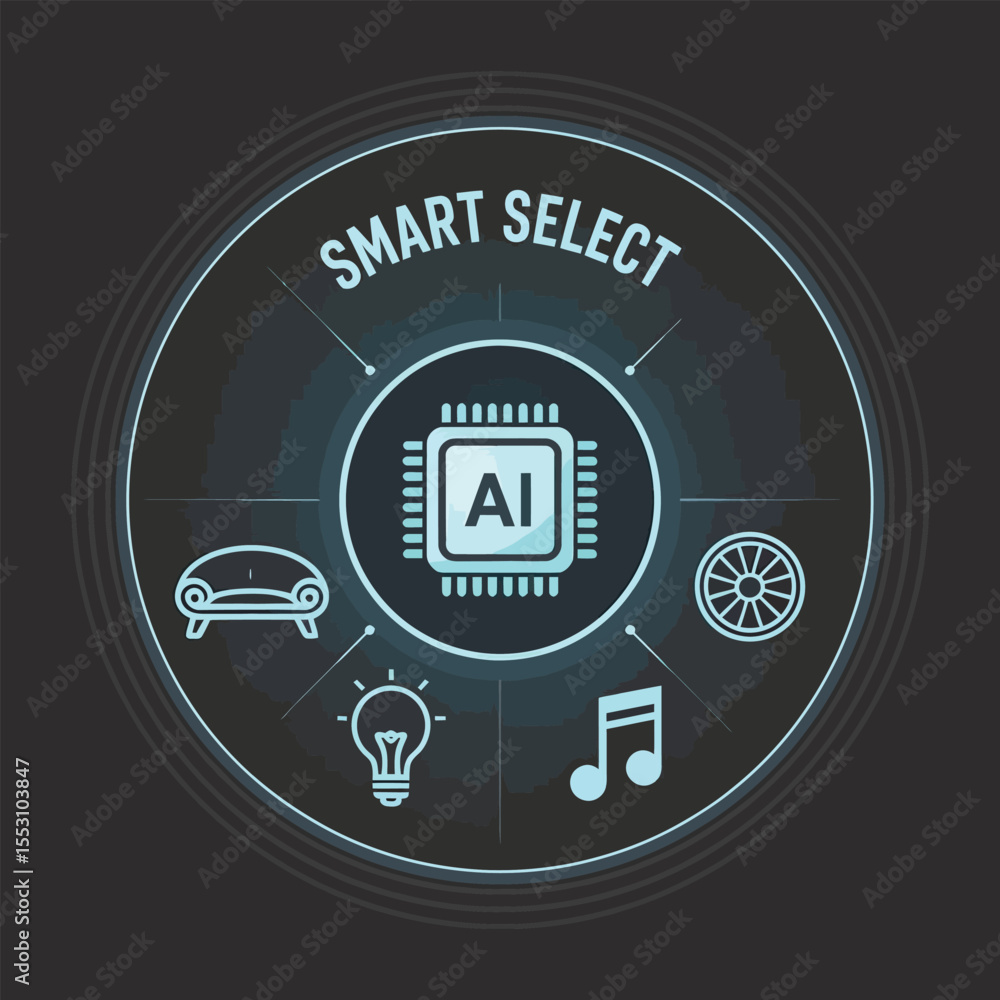 Poster teal smart select a i system interface showing microchip lightbulb sofa wheel music notes circular g