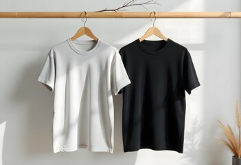 White t-shirts on hangers, blank cotton apparel for casual fashion design