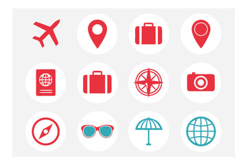 Travel Icons: Explore wanderlust with a collection of travel icons featuring airplane, location pin, suitcase, passport, compass, camera, umbrella, and globe.