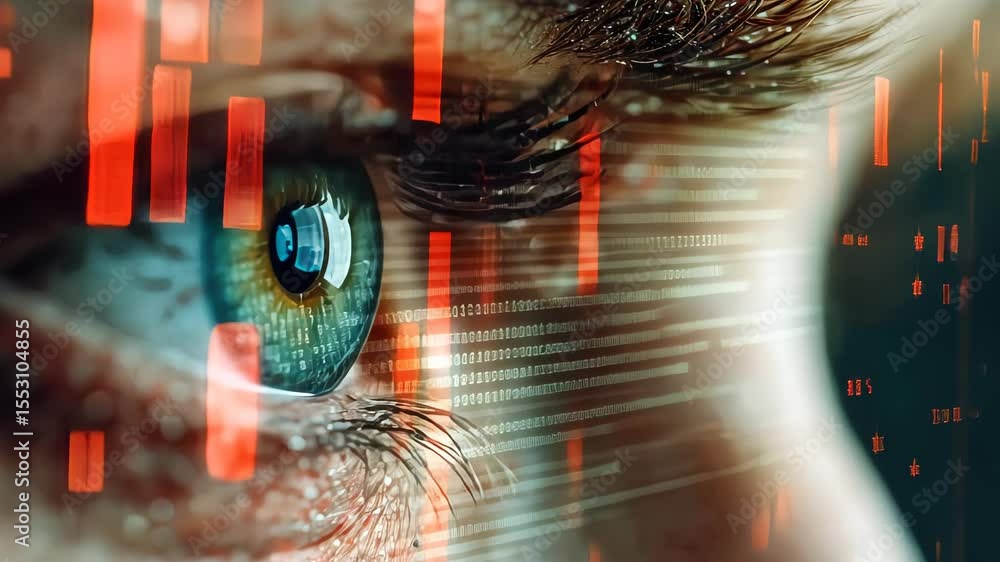 Poster close-up of a human eye with digital code reflections and glitter particles, symbolizing cybersecuri