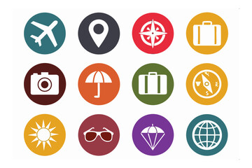 Travel Icons: Vibrant, colorful icons symbolize travel elements, inviting viewers to embark on a journey. A symbolic illustration for exploring and wanderlust.