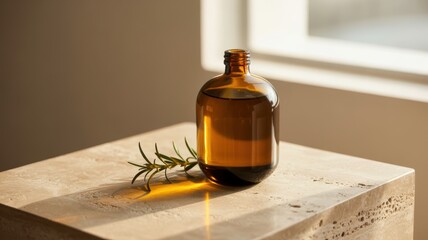 Amber glass bottle with rosemary on stone surface in sunlit room