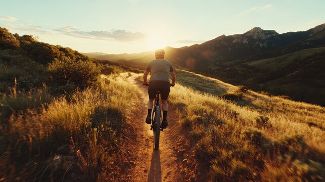 A mountain biker pedals along a picturesque trail at sunset, embodying the thrill of adventure and the beauty of nature, inviting viewers to experience freedom and exploration.