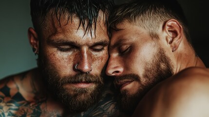 Naklejka premium A tender moment captured between two men, showcasing their closeness and affection, highlighting deep emotions and the beauty of love and connection.