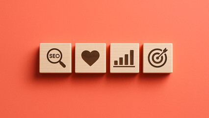Set of icons including SEO, rising chart, target, and heart symbol, representing the intersection of digital marketing success, goal achievement, and audience engagement with emotional value