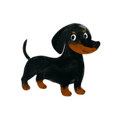 Illustration of a black dachshund dog with red spots. Cute children's illustration. Isolated on white background