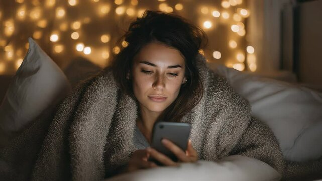 Woman in Cozy Blanket Browsing Smartphone at Night with Warm Fairy Lights