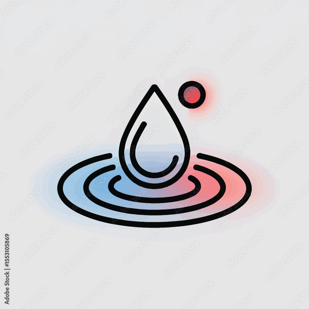 Poster Water Drop Falling into Still Water Creating Concentric Ripples Blue and Red Gradient Background Simple Line Art Icon Design
