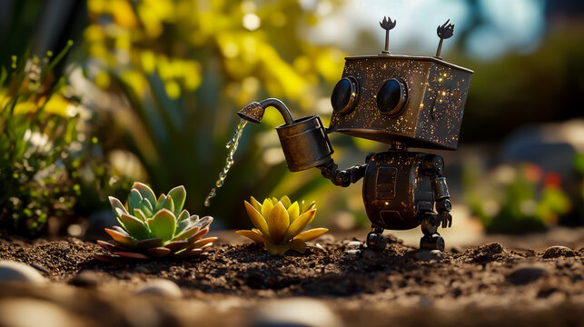 Robot watering succulents in garden cute ai generated image for gardening and technology enthusiasts