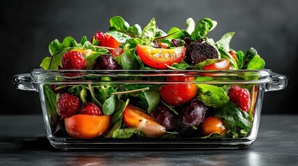 A vibrant and healthy salad featuring a colorful mix of fresh greens, ripe tomatoes, juicy raspberries, and a variety of vegetables served in a clear glass dish.