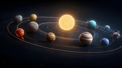 Photorealistic solar system in circular layout with orbit lines and detailed 3D planet textures, ideal for educational or decorative use.