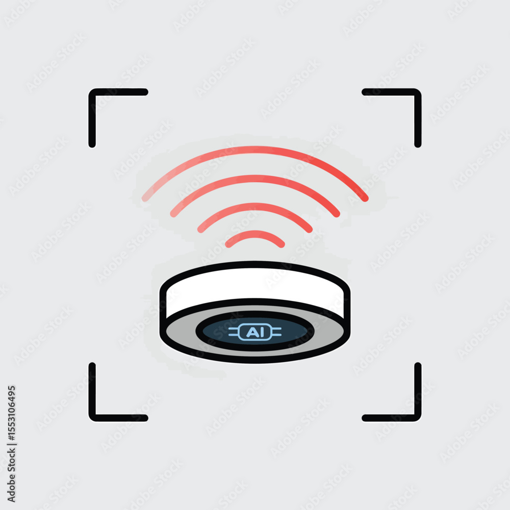 Poster white circular smart device with a i indicator red wireless signal waves grey background simple line