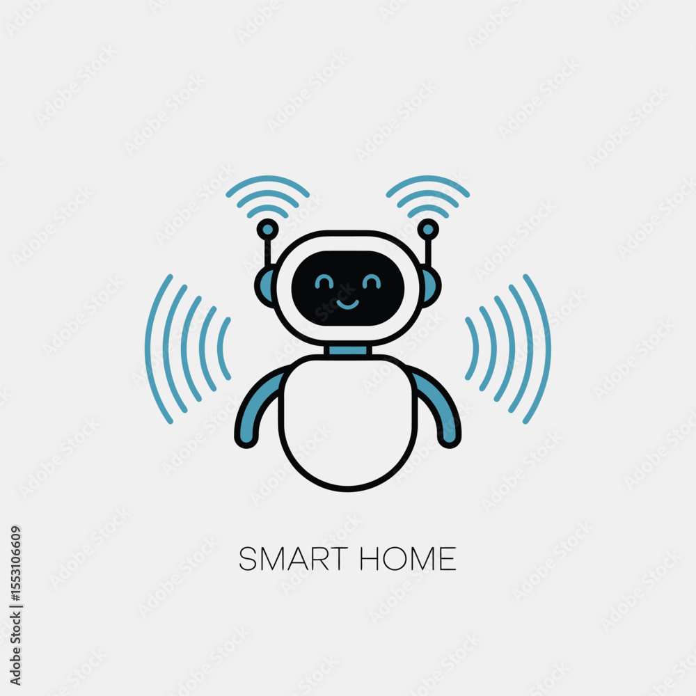 Poster white friendly robot character smart home automation system icon light blue antennae wireless signal