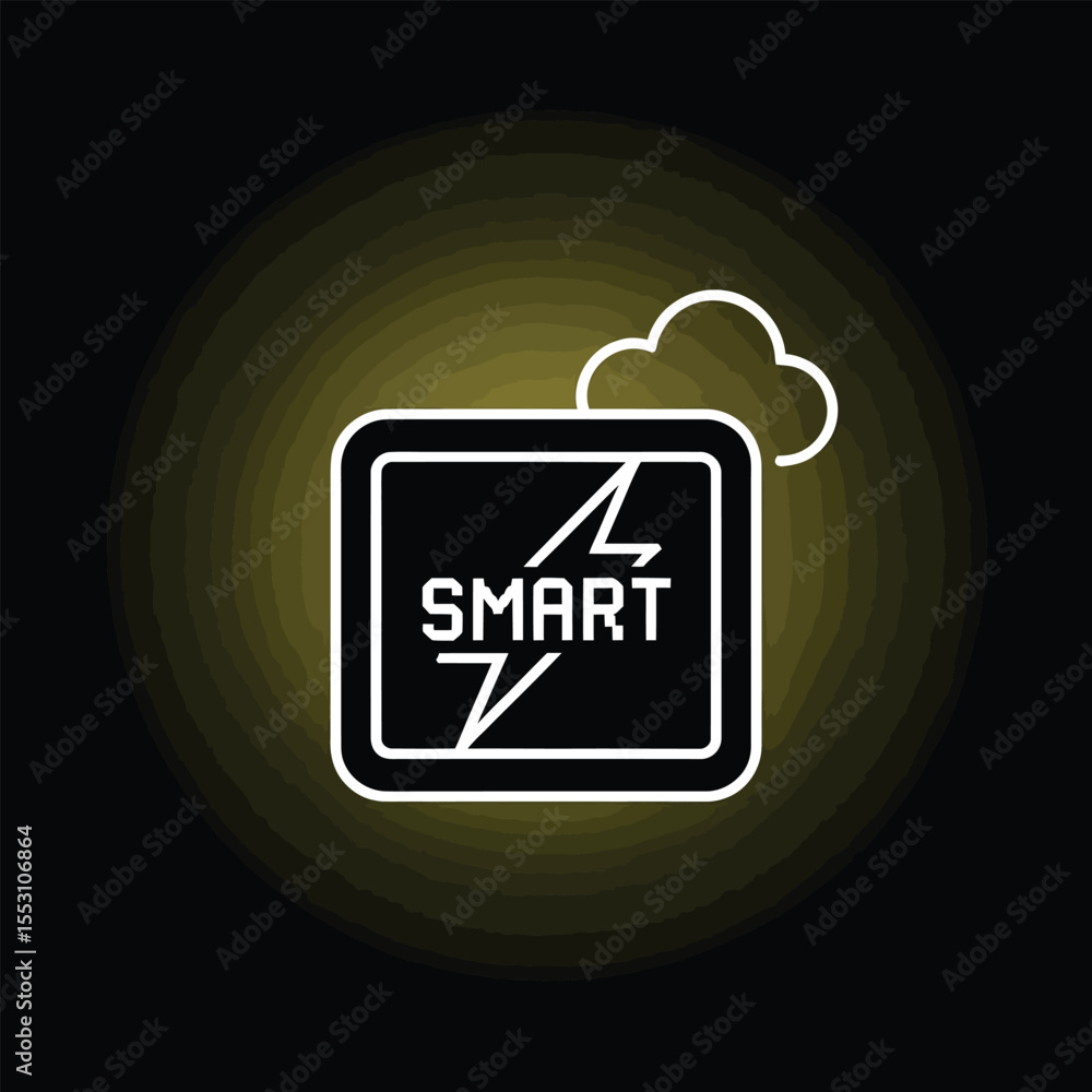 Poster white line art icon smart device square black background yellow gradient lightning bolt cloud comput