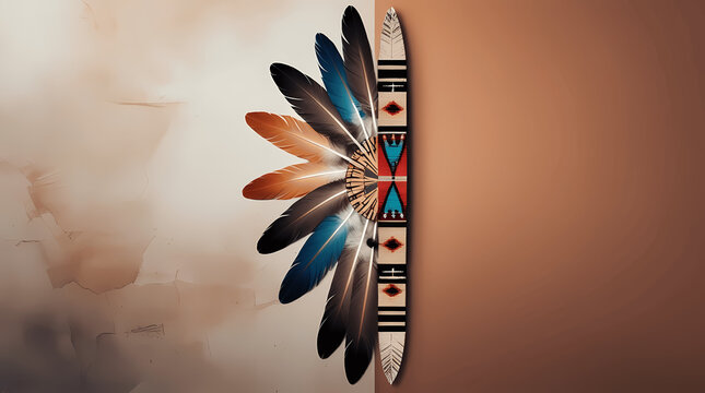 Native American feather headdress with tribal pattern band on textured background - cultural indigenous AI generated artwork. Perfect for Native American Heritage Month
