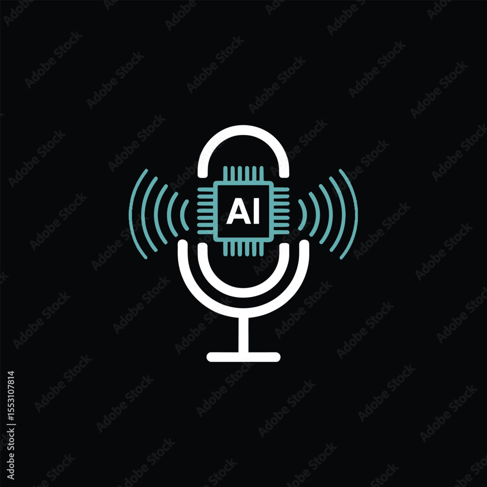 Poster white outline microphone icon with teal a i microchip and sound waves on black background a i voice 