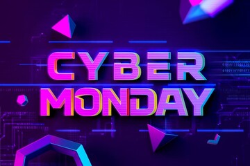 Cyber Monday abstract glowing neon text with glitch effect on dark background.