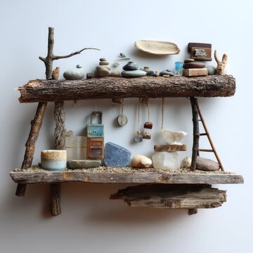 Rustic wooden shelves filled with found objects.