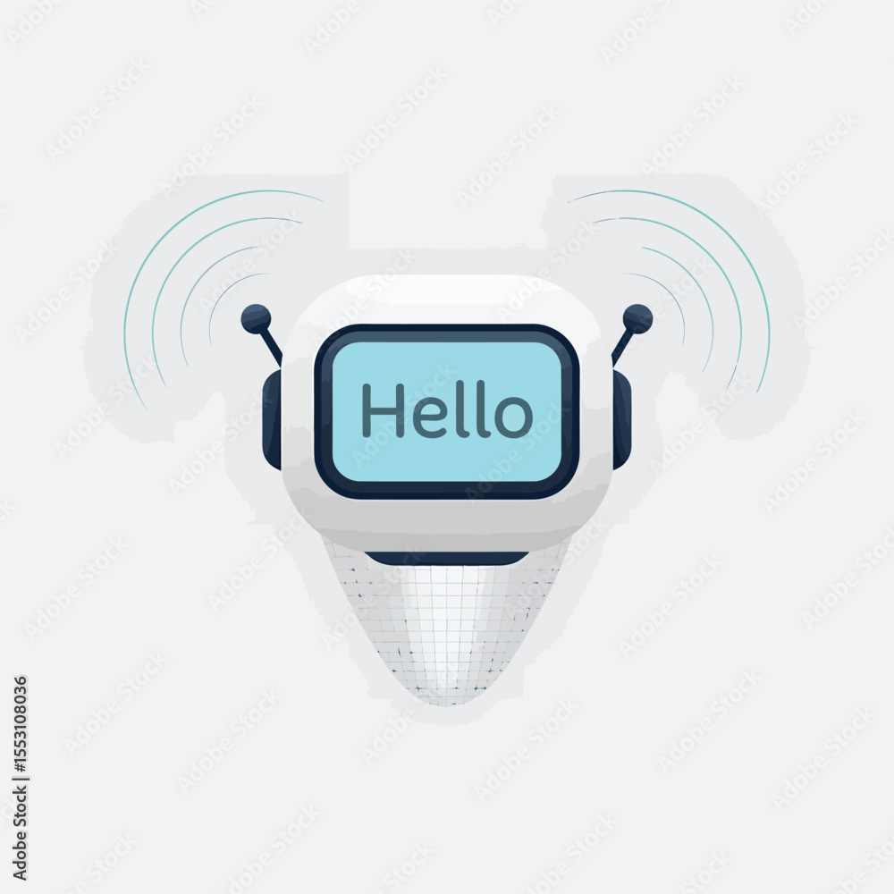 Poster white robot head displaying hello message light blue screen antennas wireless signal grid pattern ba