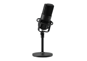 A black microphone stands on a transparent, png, 