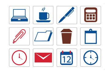 Office Essentials: A collection of office essential icons, presenting a clean and organized depiction of workplace items. From a pen, coffee, to a laptop.