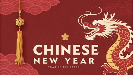 Chinese New Year celebration with Dragon illustration in vintage art style

