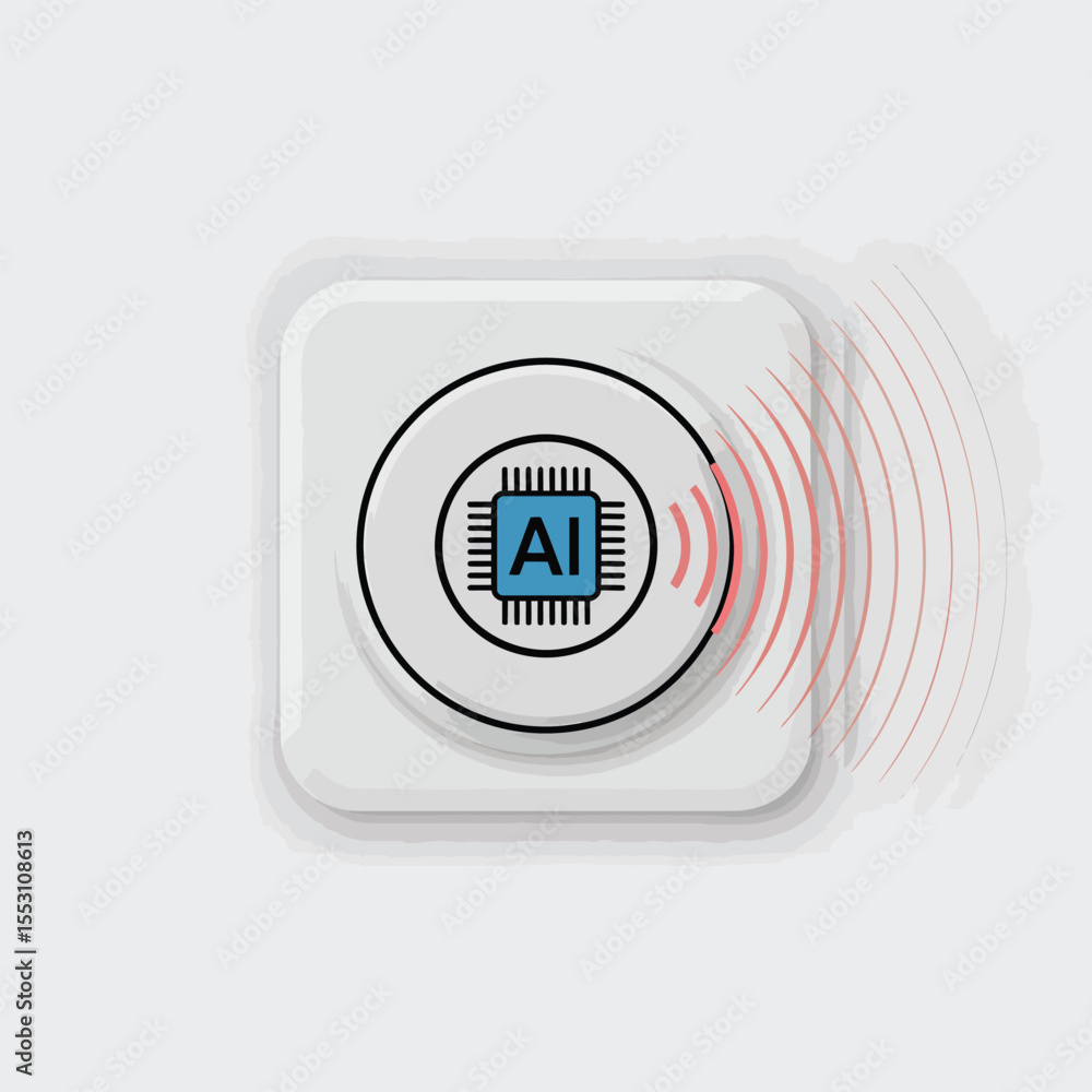 Poster white square button with a i microchip icon and red concentric waves representing smart technology a