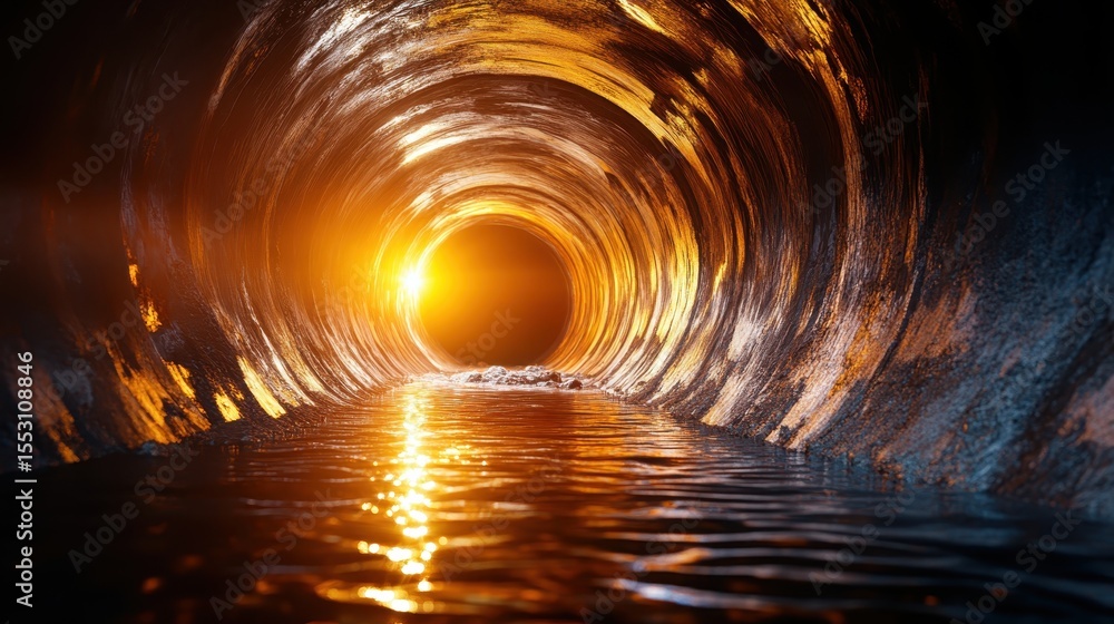 Poster a captivating view of a dark tunnel illuminated by warm light, with reflections on the water surface