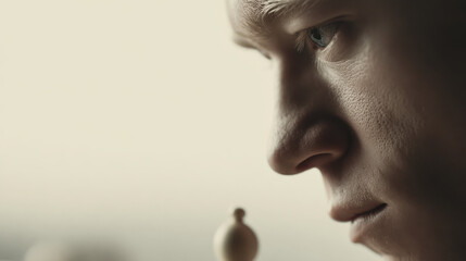 portrait of chess player with thoughtful expression on right side of frame