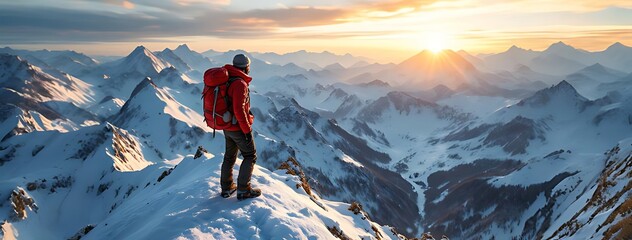 Hiker standing on a snowy mountain peak at sunrise, symbolizing adventure and achievement. Great for themes like motivation, travel, hiking, and exploration concepts