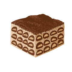 Classic Italian tiramisu dessert. Isolated hand drawn sweet food illustration. Layered dessert for cafe menu, food packaging, Italian cuisine design, branding, bakery visuals, stickers