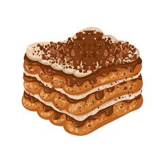Italian layered tiramisu dessert with cocoa powder. Isolated hand drawn sweet food illustration for cafe menu, food packaging, Italian cuisine design, branding, bakery visuals, stickers