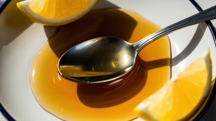 Close-up of honey and lemon slices with metal spoon on white plate