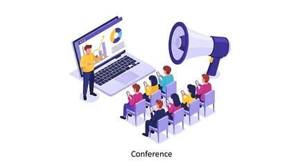 Engaging isometric conference with a presenter pointing to chart data on screen amplified by a megaphone and attendees