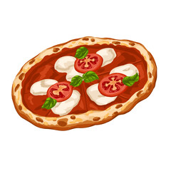 Cartoon pizza Margherita with tomatoes, mozzarella and basil leaves. Isolated vector hand drawn Italian food illustration on for packaging, restaurant menus, stickers, culinary design, decor