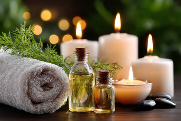 Relaxing spa setting with candles, essential oils, and a soft towel