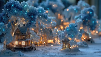 Snow-covered tiny world with icy trees, frosty buildings, magical winter terrain, small-scale frozen landscape, fantasy environment with glowing blue accents