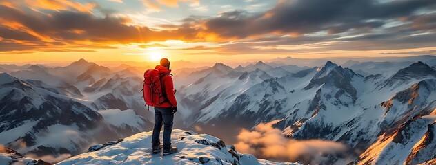 Hiker standing on a snowy mountain peak at sunrise, symbolizing adventure and achievement. Great for themes like motivation, travel, hiking, and exploration concepts