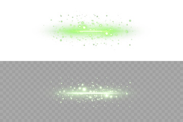 Bright horizontal green laser light with soft blur glow, illumination beam, and transparent edges....