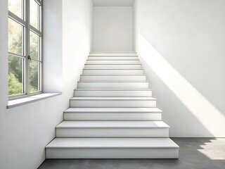 Fototapeta premium Minimalist white staircase bathed in natural light from a large window