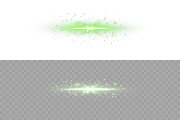 Bright horizontal green laser light with soft blur glow, illumination beam, and transparent edges....