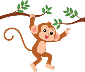 playful monkey hanging on  tree branch and try to grab other one, funny monkey cartoon character illustration