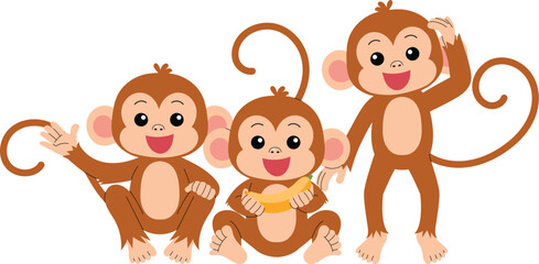 group of playful monkey, funny monkey cartoon character illustration
