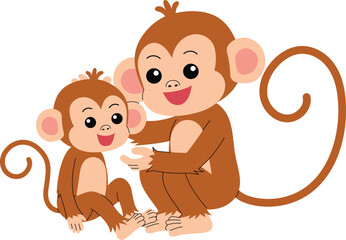 cute mother monkey sit with baby monkey, funny monkey cartoon character illustration
