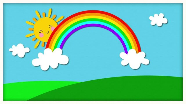 sun and rainbow and clouds in the blue sky landscape frame animation, paper texture kids fairy tale and nursery rhyme social media motion background